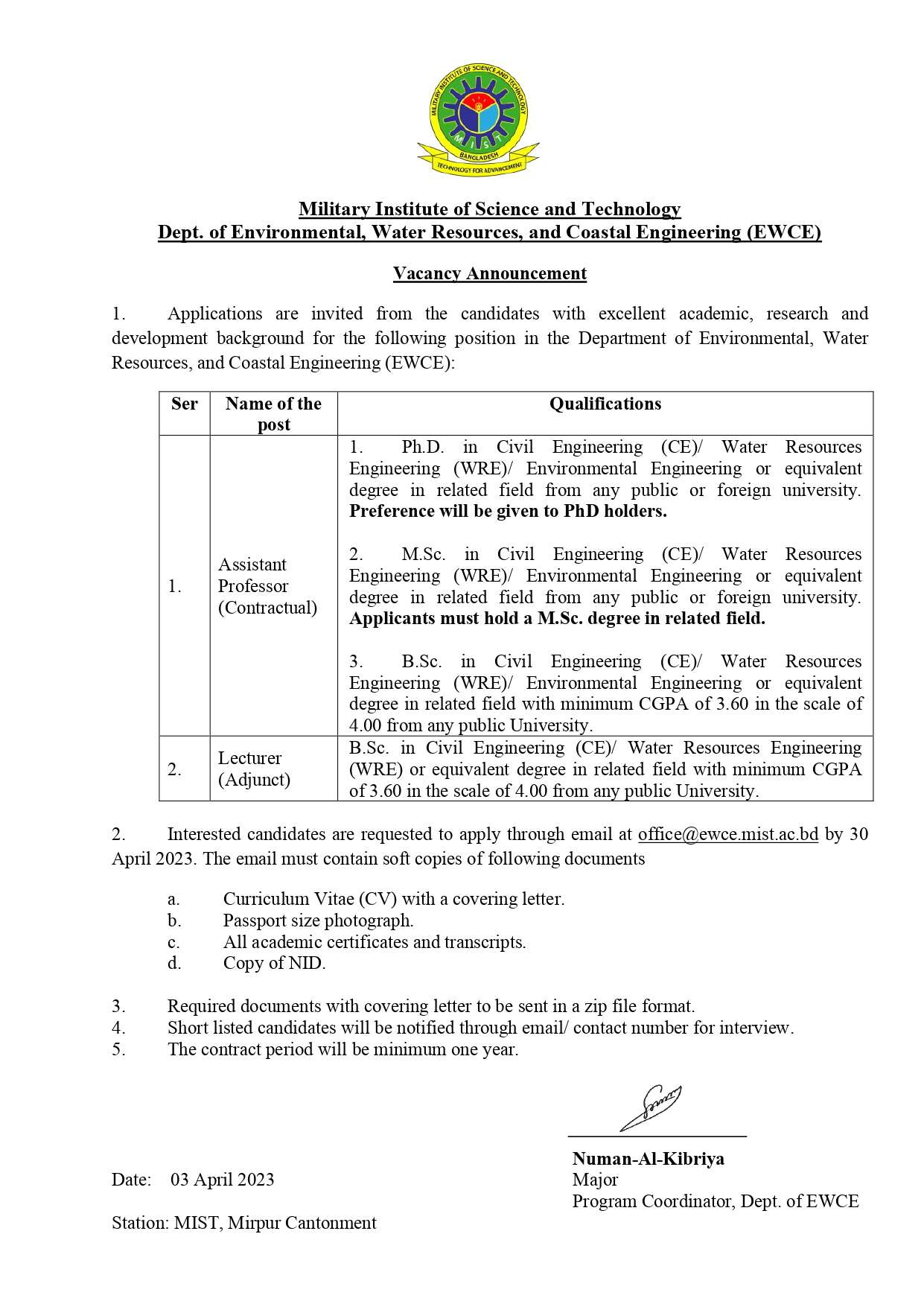 FACULTY RECRUITMENT CIRCULAR AT EWCE DEPARTMENT 2023